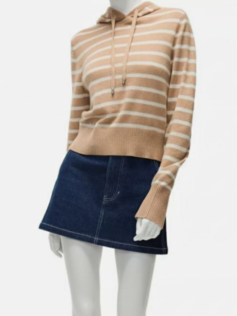 Veronica Beard Women's Beige White Striped Adrian Cashmere Hoodie Sweater Size L